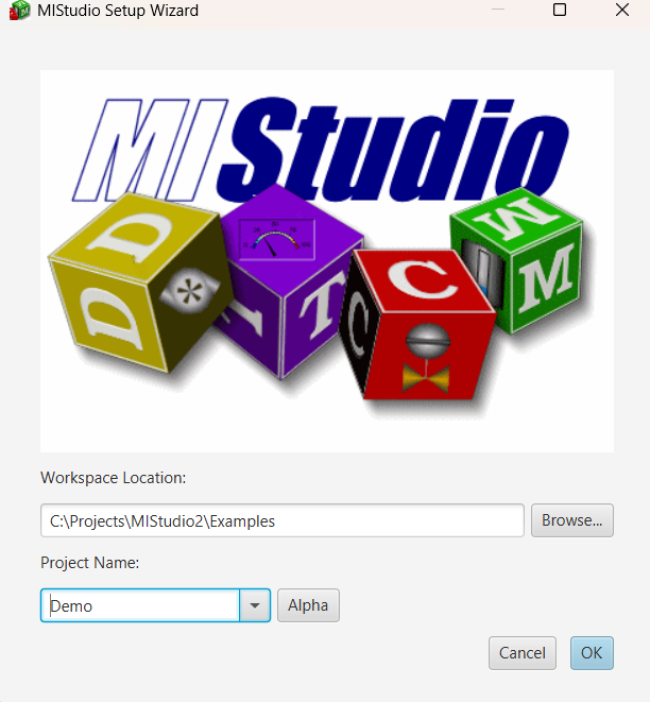 MIStudio Setup Wizard showing workspace location and project name