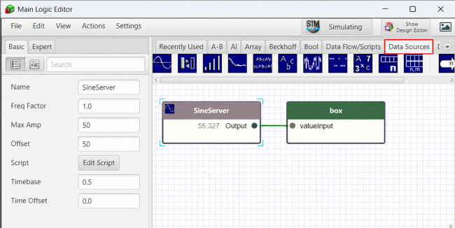 Main Logic Editor showing a SineServer connected to a Box graphic Main Logic Editor showing a SineServer connected to a Box graphic
