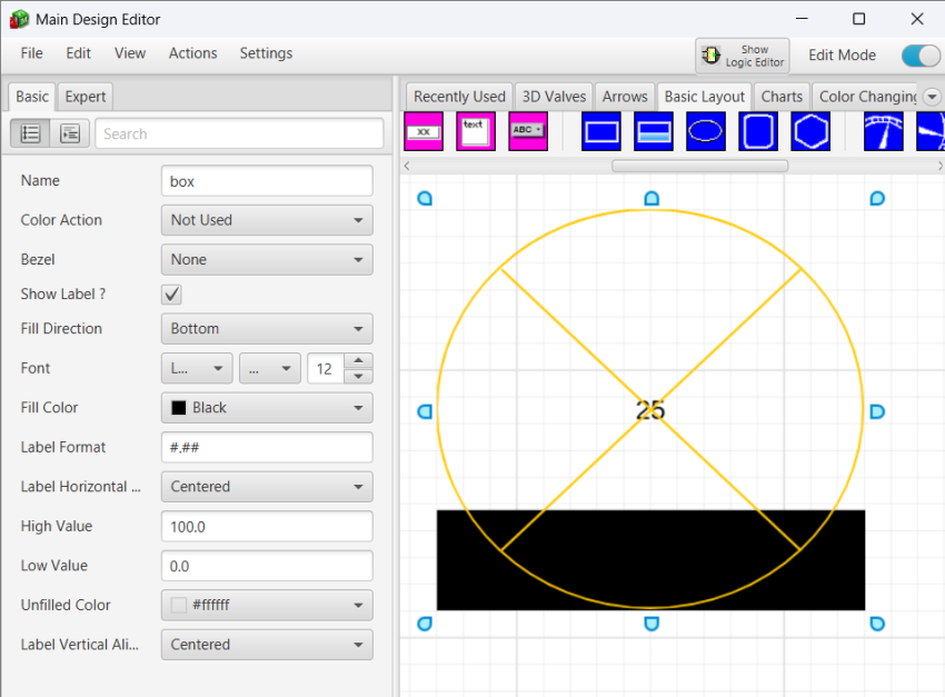 Box graphic selected with Basic properties shown Box graphic selected with Basic properties shown